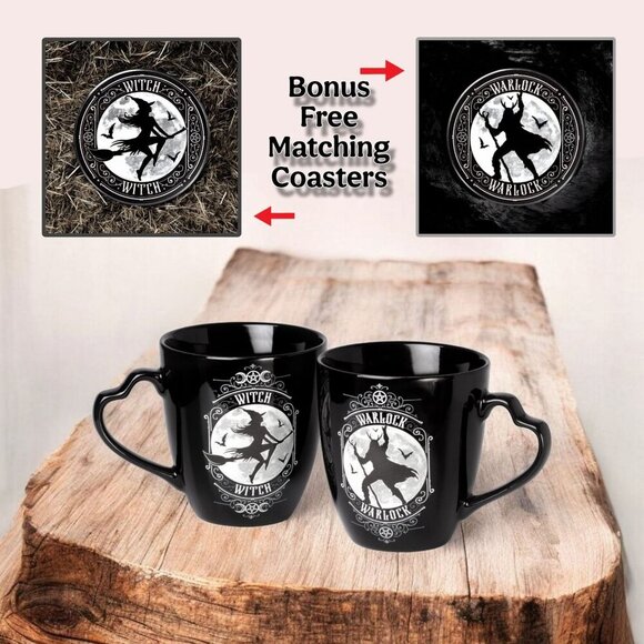 Alchemy ✦ Witch & Warlock Mug Set ✦ Black Fine Bone China w/ Matching Coasters - Picture 1 of 10